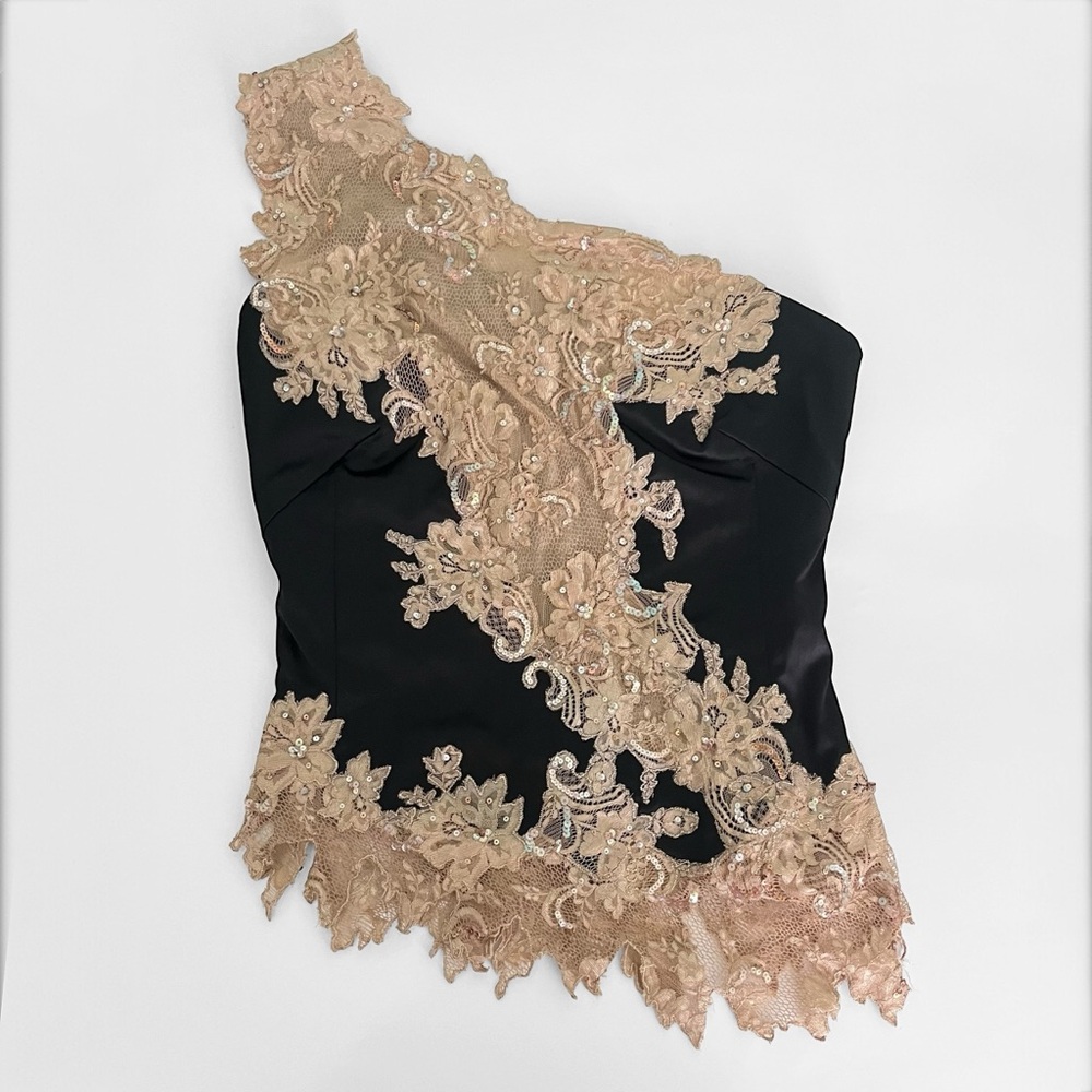 SOLD French Asymmetrical Satin Floral Lace Fitted Evening Top Luxury SP